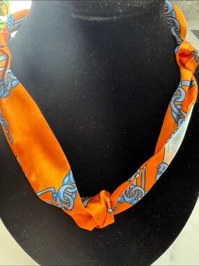 Scarf Necklace Silky Orange Patterned Knot Design